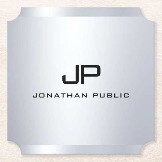 Trendy Metallic look Faux Silver Monogram Sjabloon Kartonnen Onderzetters (Voorkant)