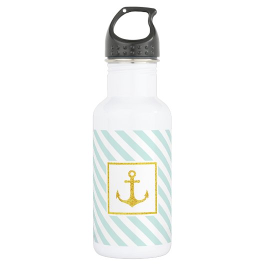 Trendy Mint Blue Pattern Golden Anchor Waterfles (Voorkant)