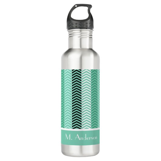 Trendy mint Green Chevron Stripes met naam Waterfles (Voorkant)