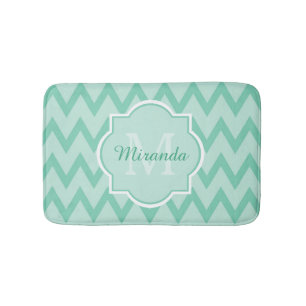 Trendy Mint Green Chevron Zigzag Name en Monogram Badmat