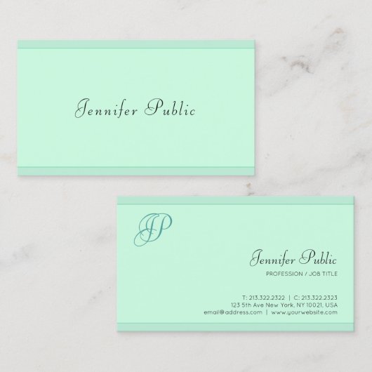 Trendy Mint Green Sjabloon Modern Script Monogram Visitekaartje (Voorkant / Achterkant)