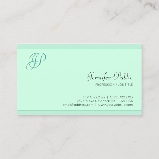Trendy Mint Green Sjabloon Modern Script Monogram Visitekaartje (Achterkant)