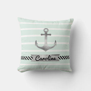 Trendy Mint Green Stripes en Waterverf Anchor Kussen