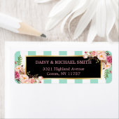 Trendy Mint Green Stripes Pink Flowers Wrapping Etiket (Insitu)