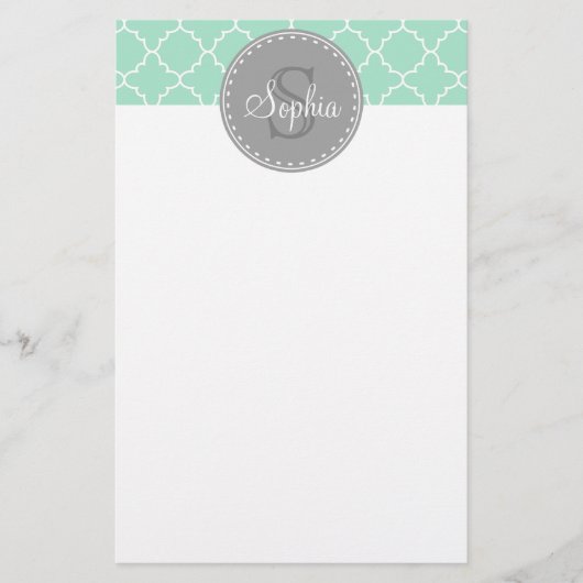 Trendy Mint Trellis Pattern Gray Monogram Briefpapier (Voorkant)