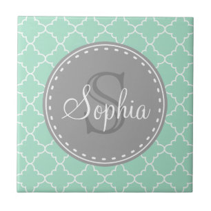 Trendy Mint Trellis Pattern Gray Monogram Tegeltje