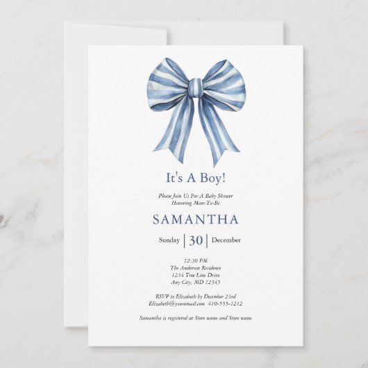 Trendy Modern Blue Bow Boy Baby shower Kaart (Voorkant)