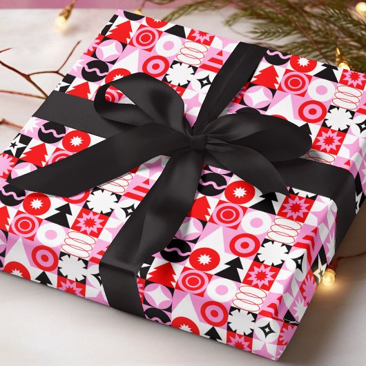 Trendy Modern Geometrisch Kerstpatroon Rood Roze Cadeaupapier