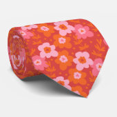 Trendy Modern Groovy Bloem Roze Rood Oranje Stropdas (Opgerold)