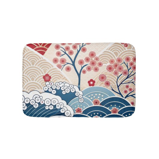 Trendy Modern Japanese Wave & Sakura Pattern Badmat (Voorkant)
