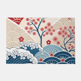 Trendy Modern Japanese Wave & Sakura Pattern Deurmat