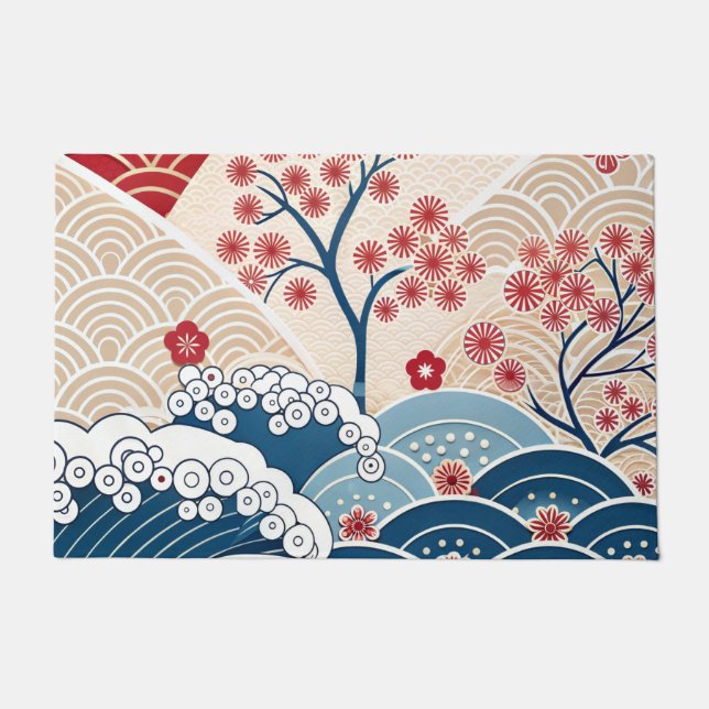 Trendy Modern Japanese Wave & Sakura Pattern  Deurmat (Voorkant)