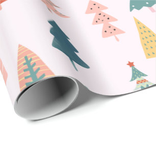 Trendy Modern kerstboompatroon op roze Cadeaupapier