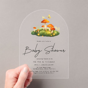 Trendy Modern Mushroom Woodland Script Baby shower Acryl Uitnodigingen