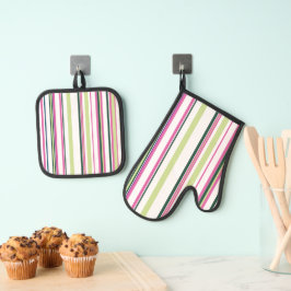 Trendy Modern Nieuw Roze Groen Wit Strepen Ovenwant & Pannenlap Set