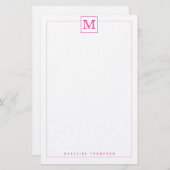 Trendy Modern Pink Initiaal Monogram Square border Briefpapier (Voorkant / Achterkant)