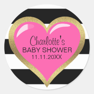 Trendy Modern Roze Hart Zwart Wit Baby shower Ronde Sticker
