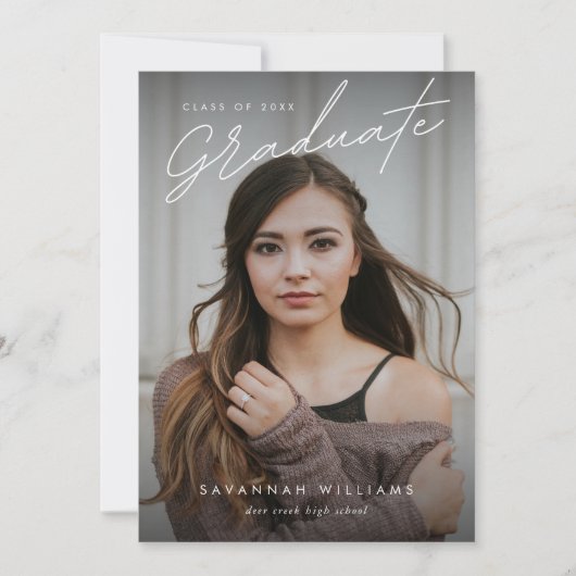 Trendy Modern Simple Script Two Photo Afstuderen Aankondiging (Voorkant)