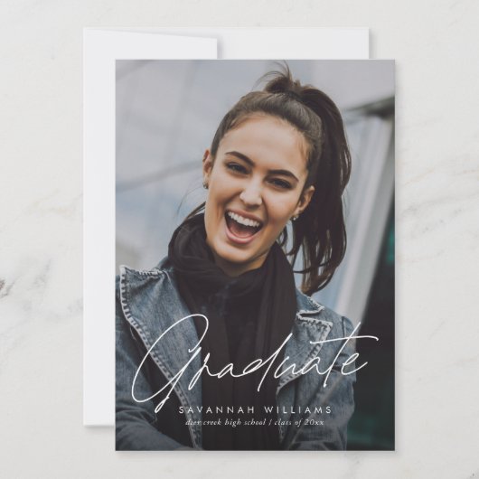 Trendy Modern Simple Script Two Photo Afstuderen Kaart (Voorkant)