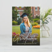 Trendy Modern White Script Foto Afstuderen Aankondiging (Staand voorkant)