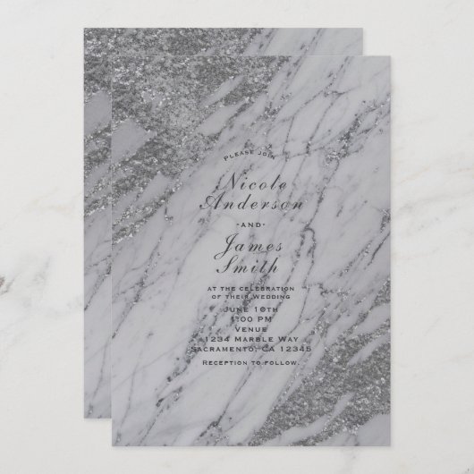 Trendy Moderne Zilveren Glamour Marmeren Uitnodigi Kaart (Voorkant / Achterkant)