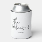 Trendy moderne zwart-wit script bruiloft blikjeskoeler (Blikje Voorkant)