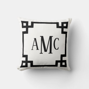 Trendy Monogram Black en White Greek Key Border Kussen