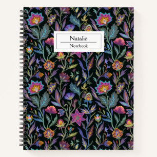 Trendy monogram bloempatroon zwart en paars notitieboek