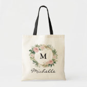 Trendy Monogram Bourgogne Bloemenkrans Script Naam Tote Bag (Voorkant)