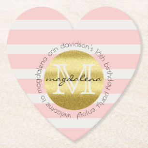 Trendy Monogram Gold Glitter Blush Pink Stripes Kartonnen Onderzetters
