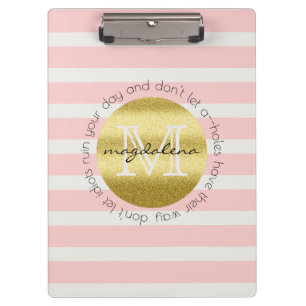 Trendy Monogram Gold Glitter Blush Pink Stripes Klembord