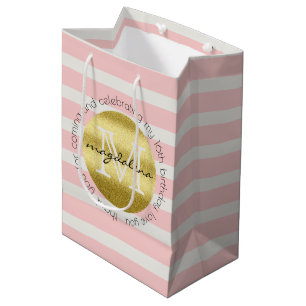 Trendy Monogram Gold Glitter Blush Pink Stripes Medium Cadeauzakje
