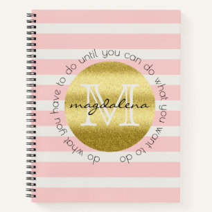 Trendy Monogram Gold Glitter Blush Pink Stripes Notitieboek