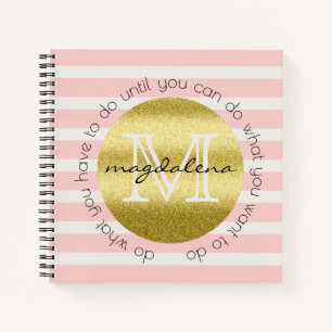 Trendy Monogram Gold Glitter Blush Pink Stripes Notitieboek