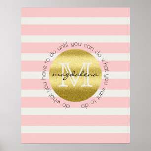 Trendy Monogram Gold Glitter Blush Pink Stripes Poster