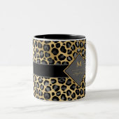 Trendy Monogram Leopard Print | Zwart grijs en gou Tweekleurige Koffiemok (Voorkant rechts)