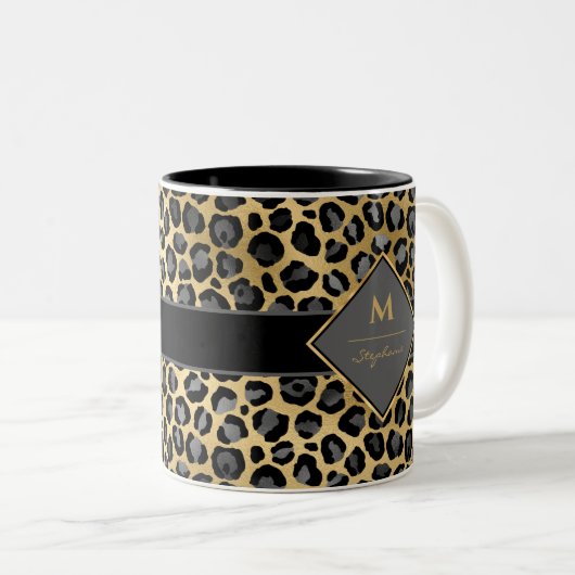 Trendy Monogram Leopard Print | Zwart grijs en gou Tweekleurige Koffiemok (Voorkant rechts)