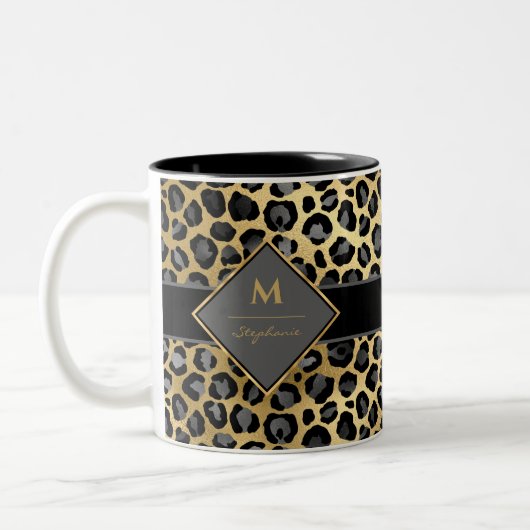Trendy Monogram Leopard Print | Zwart grijs en gou Tweekleurige Koffiemok (Links)