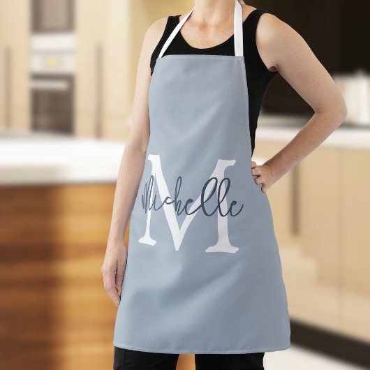 Trendy Monogram Name Initiaal Script Dusty Blue Schort