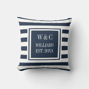 Trendy Monogram Navy Blauw Wit Streep Kussen