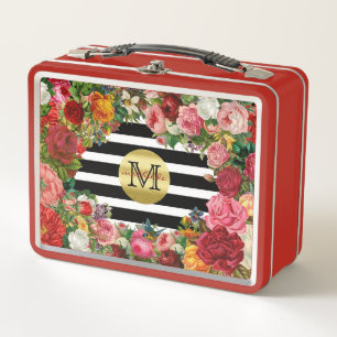 Trendy Monogram Stripes Rozen Flowers Gold Glitter