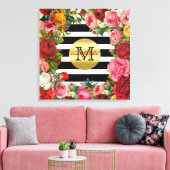 Trendy Monogram Stripes Rozen Flowers Gold Glitter Canvas Afdruk (Insitu (Woonkamer))