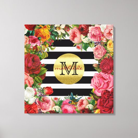 Trendy Monogram Stripes Rozen Flowers Gold Glitter Canvas Afdruk (Voorkant)