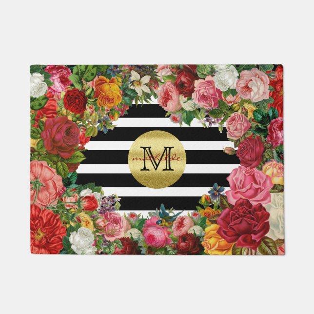 Trendy Monogram Stripes Rozen Flowers Gold Glitter Deurmat (Voorkant)