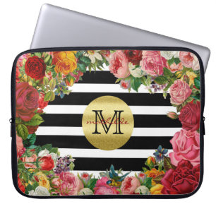 Trendy Monogram Stripes Rozen Flowers Gold Glitter Laptop Sleeve