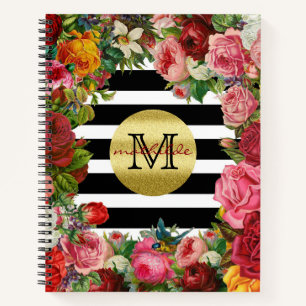 Trendy Monogram Stripes Rozen Flowers Gold Glitter Notitieboek