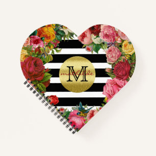 Trendy Monogram Stripes Rozen Flowers Gold Glitter Notitieboek