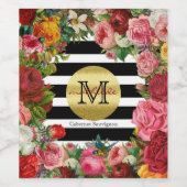 Trendy Monogram Stripes Rozen Flowers Gold Glitter Wijn Etiket (Enkel label)