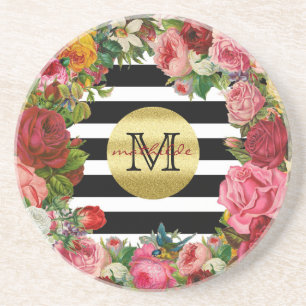 Trendy Monogram Stripes Rozen Flowers Gold Glitter Zandsteen Onderzetter
