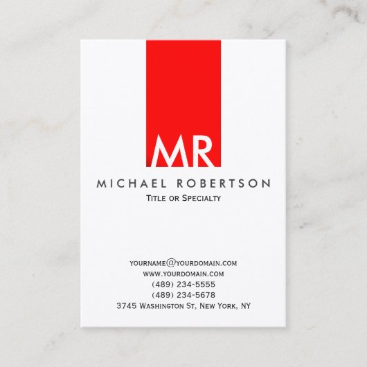 Trendy Monogram Witte Rode Streep Schoon Visitekaartje (Voorkant)